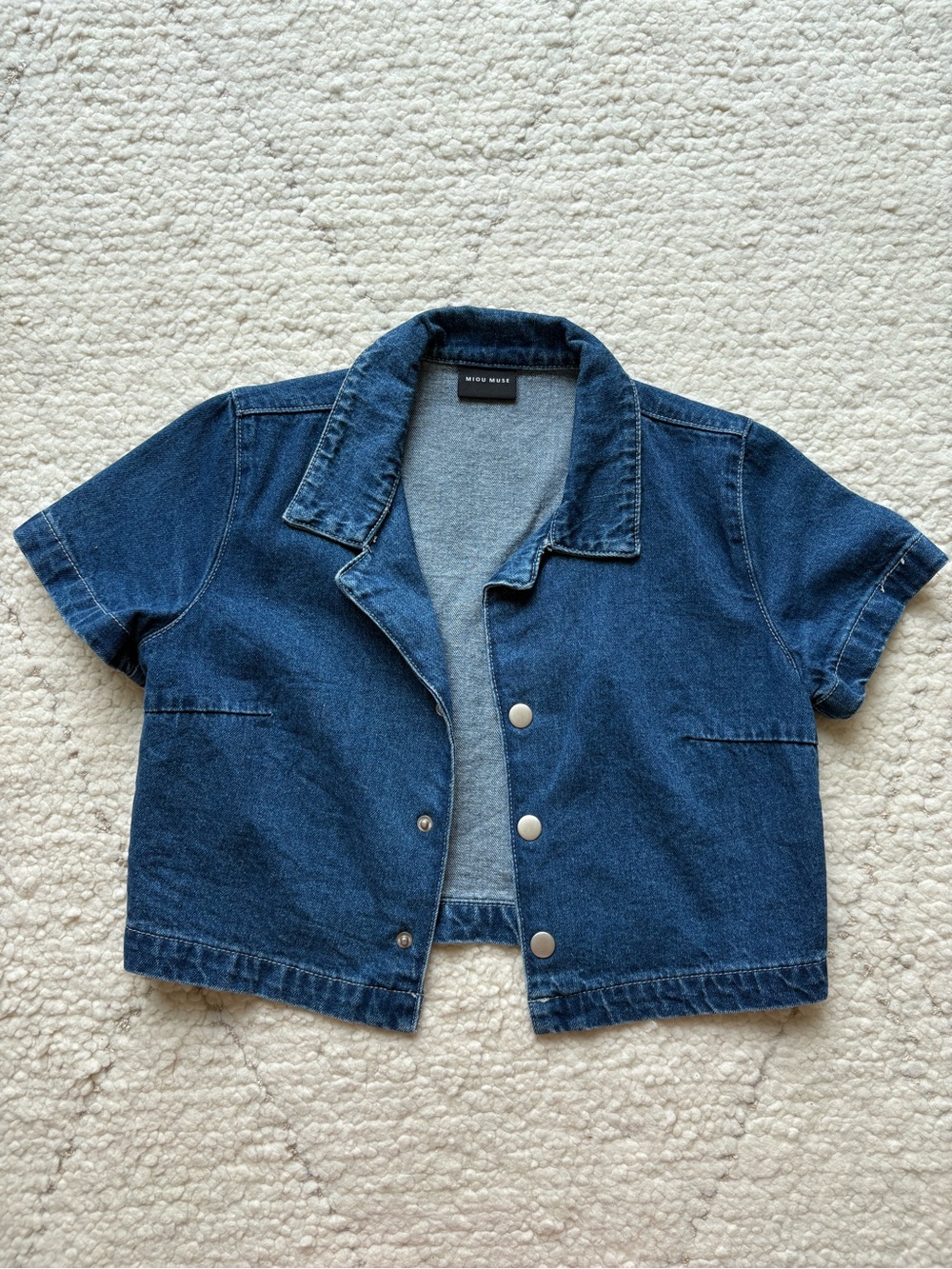 Miou Muse Blue Denim Cropped Button-Up Top